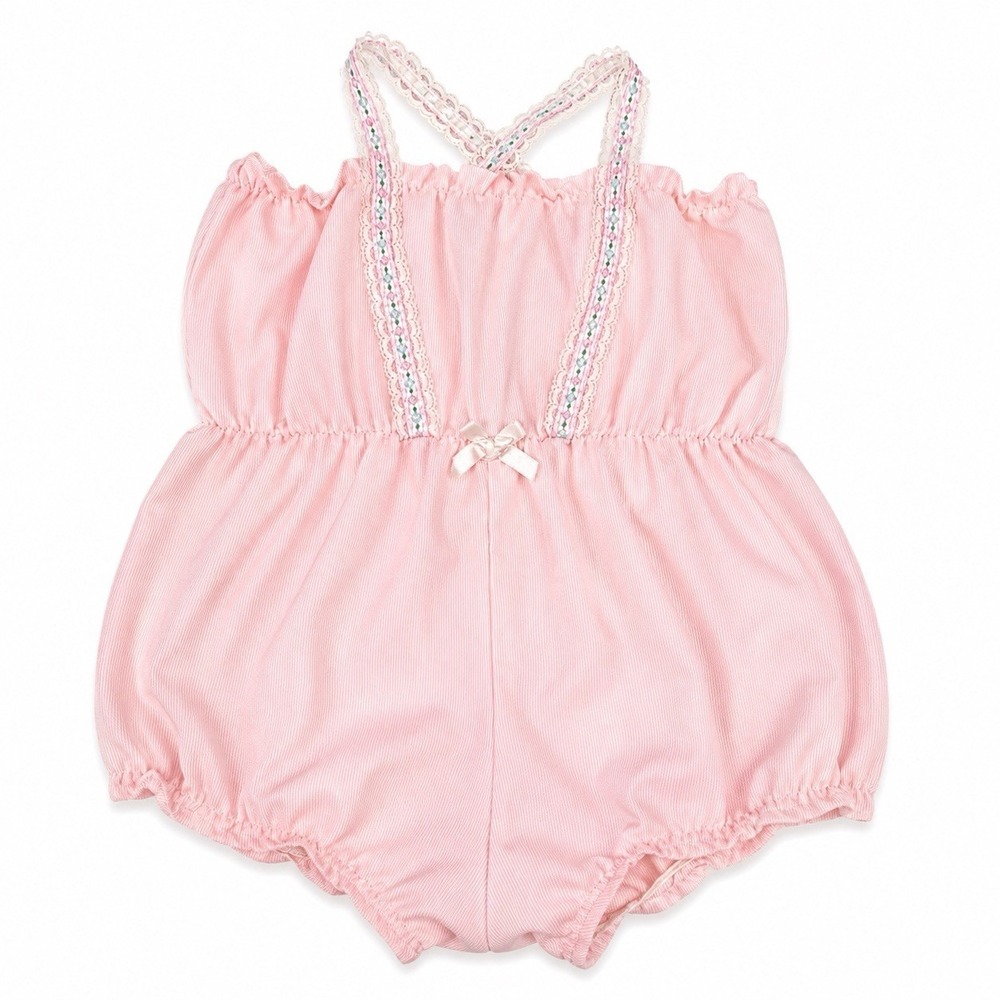 Doe-Spun Romper Baby Size 4 Pink Lace Trim Bubble Sunsuit Vintage Cottagecore
